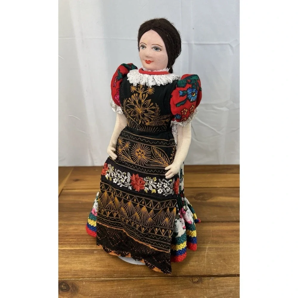 Vintage Hungarian Folk Art Doll Handmade in Traditional Dress on Kaiser Stand